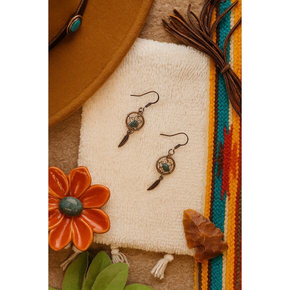 Hand Crafted Jewelry - Copper Dreamcatcher Earrings with Gray Stone Accent